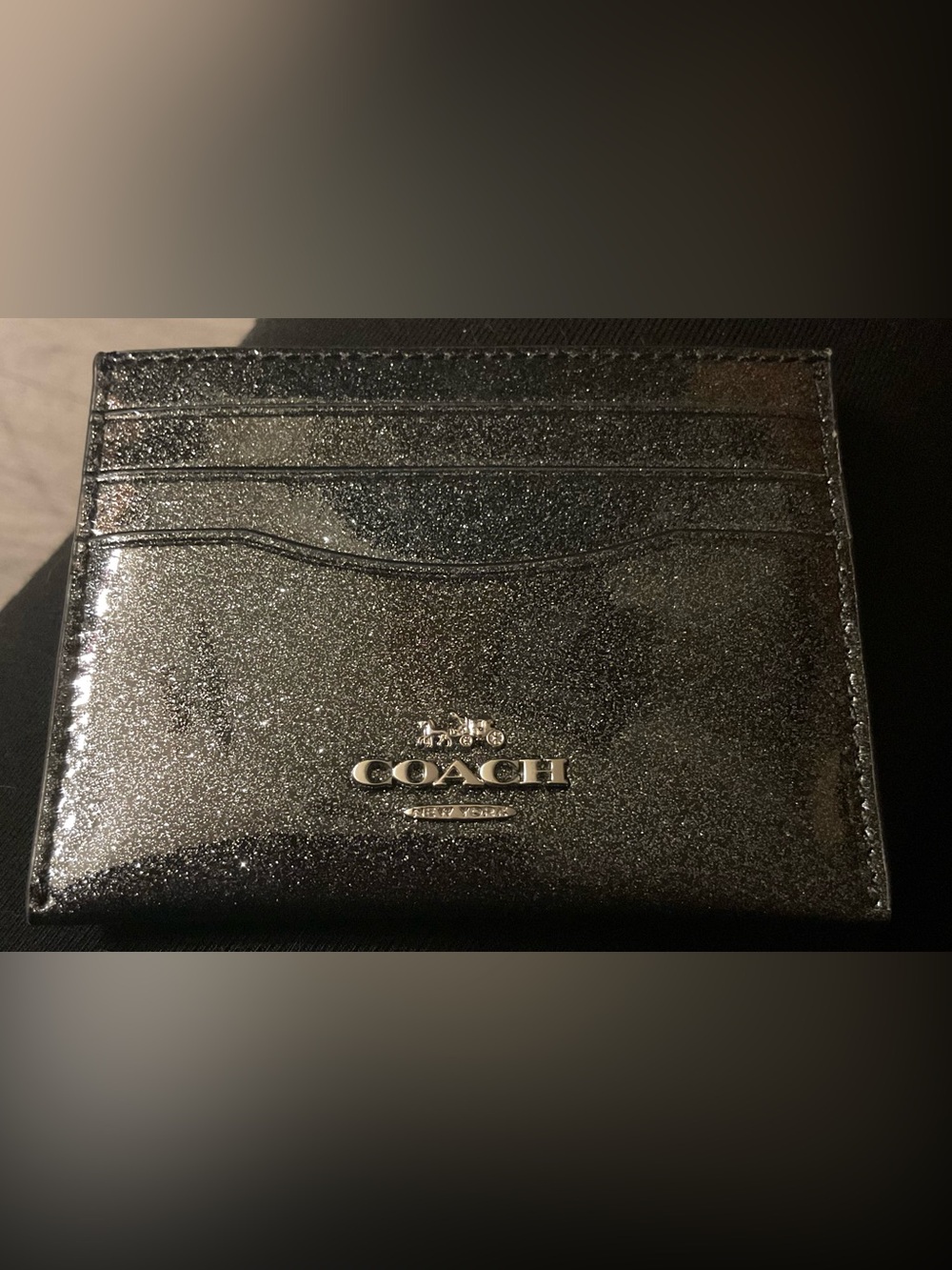 Coach Black Glitter Card Wallet with Silver Logo